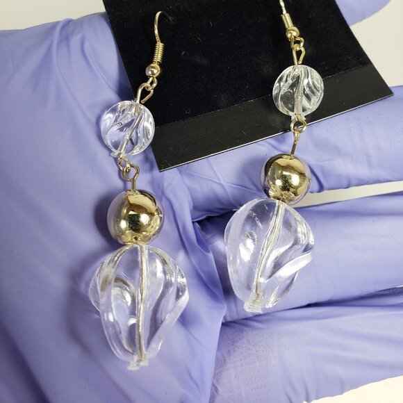 Clear Twisted Bead Drop Earrings w/ Gold tone Accent Modern Statement Dangle - Picture 9 of 10